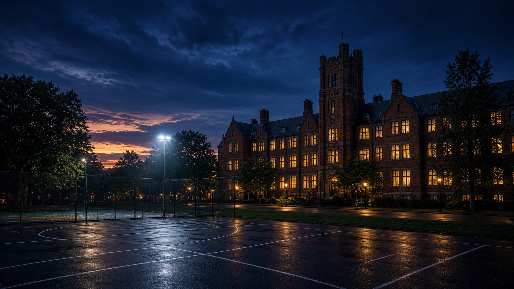 School campus at dusk